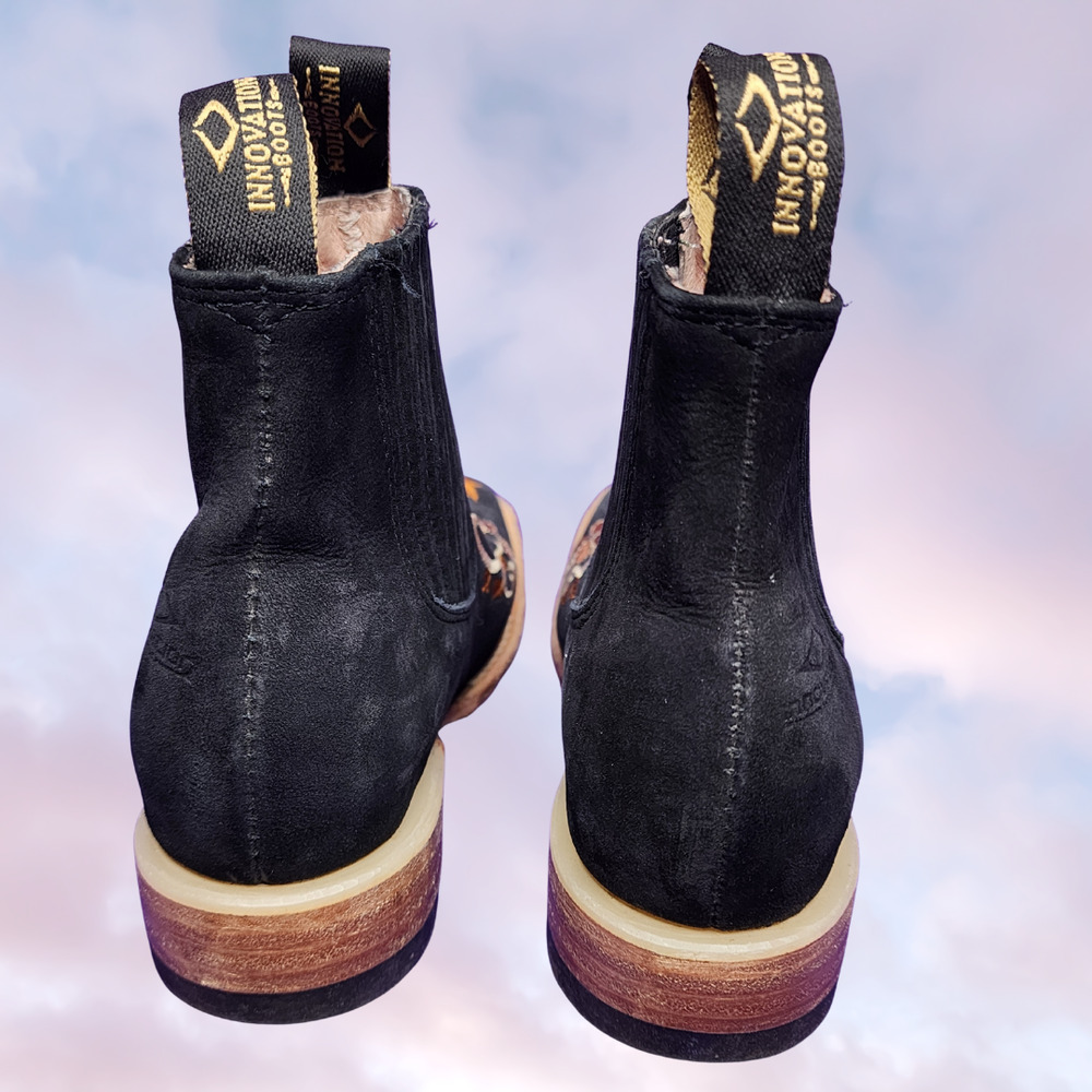 Innovation Black Western Leather Pull On Embroidered Square Toe Chelsea Boot 6 - Picture 5 of 7